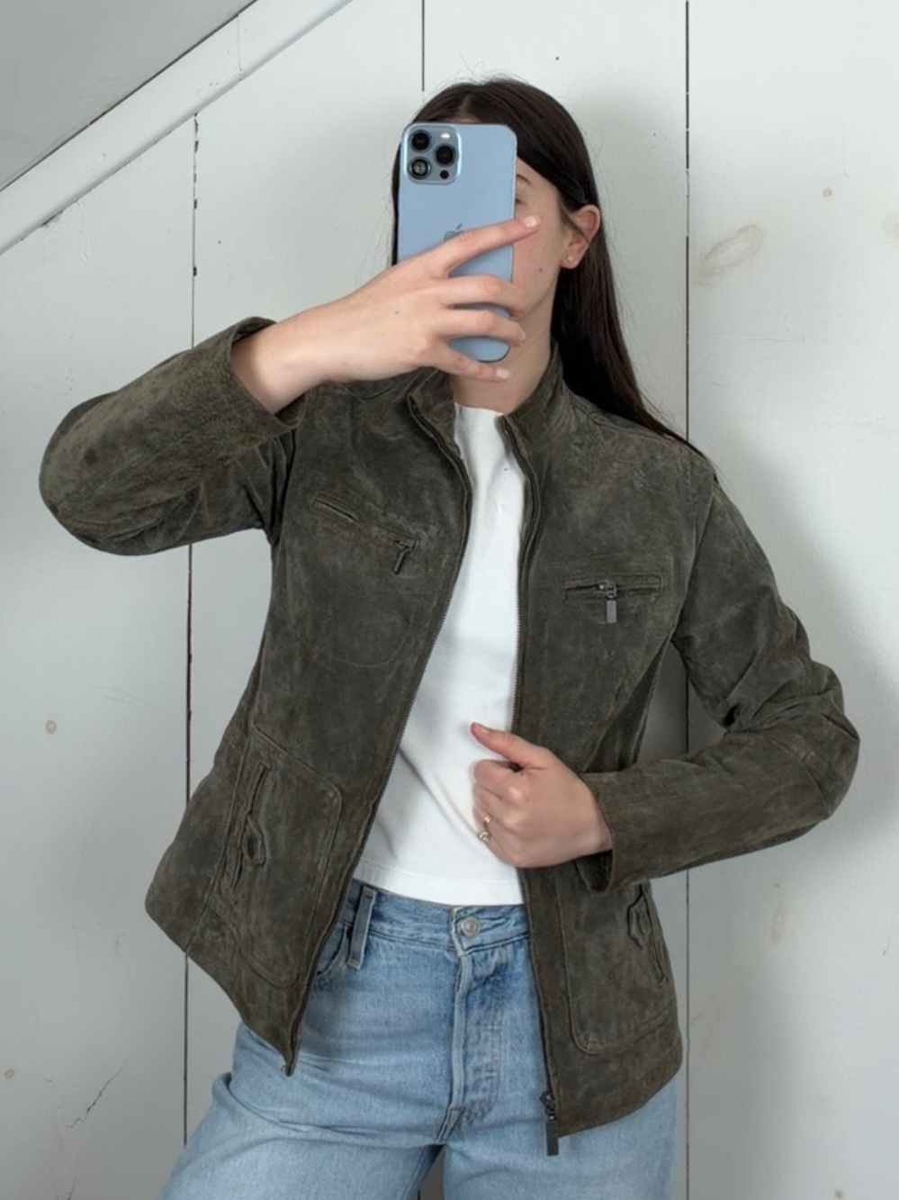 Ruff Hewn Green Suede Leather Full Zip High Neck Moto Jacket Women’s Small Y2K